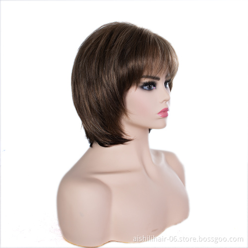 Wholesale good quality cheap air bangs full head wig short straight brown bob natarul style synthetic hair wigs for women